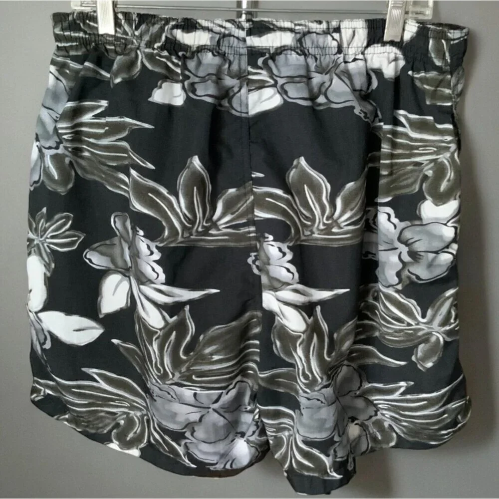 Pacific Scene Hawaiian Floral Swim Trunks Black Lined Elastic Waist Pockets L